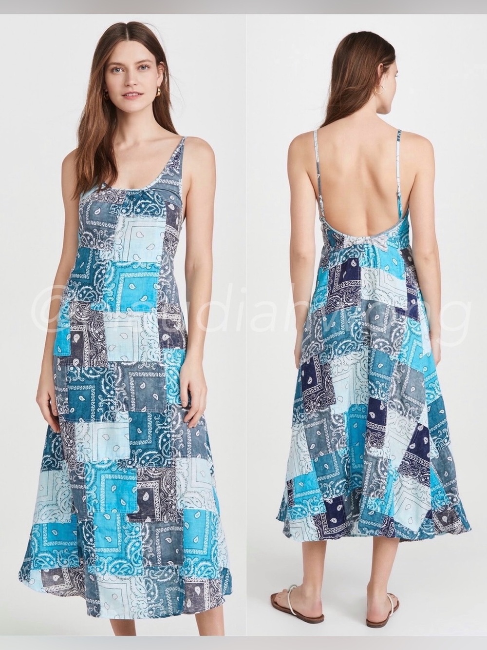 RILEY VINTAGE Patchwork Bandana Maxi Slip Dress in Multi Blue